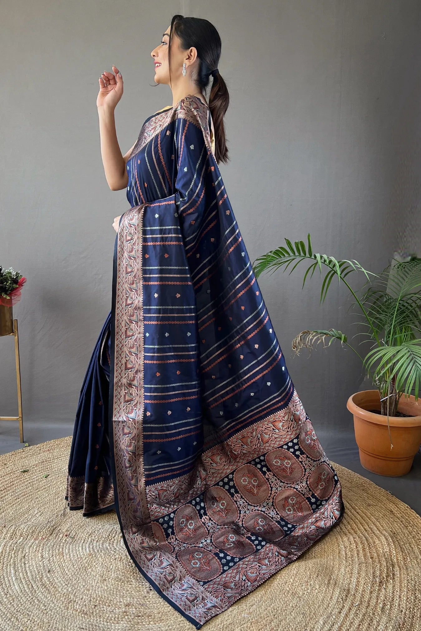 Blue Colour Kanjivaram Lining Zari Weaving Designer Silk Saree
