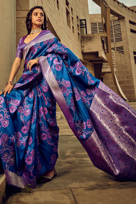 Blue Colour Festive Wear Floral Crepe Satin Silk Saree