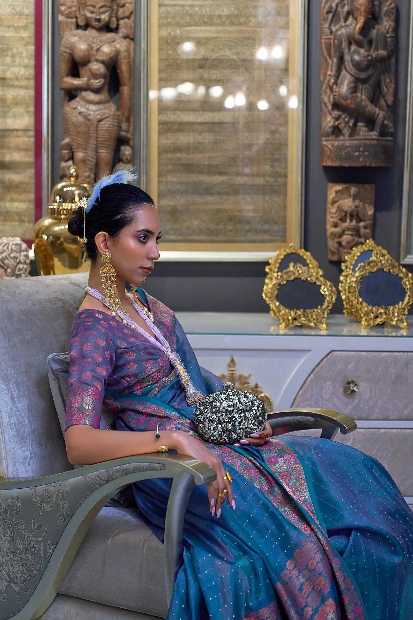 Blue Colour Zari Woven Bollywood Style Organza Silk Saree