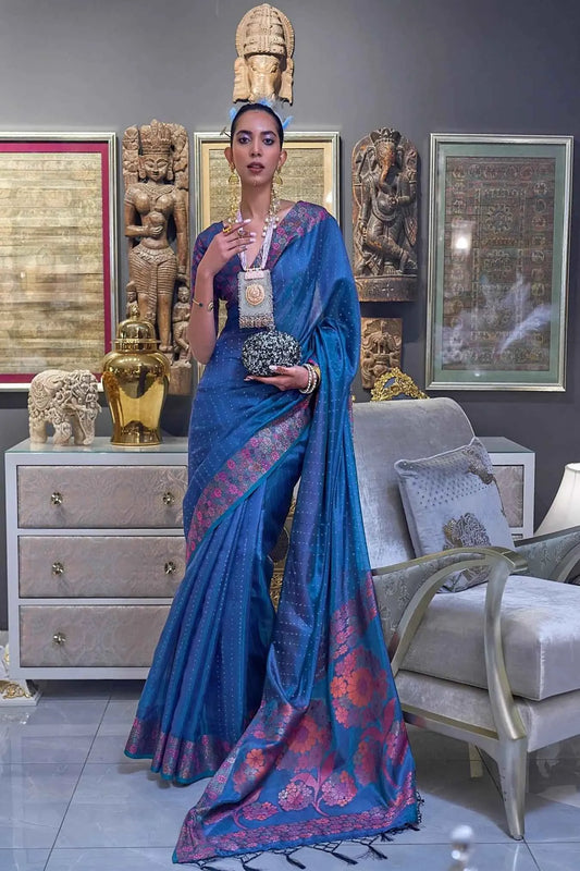 Blue Colour Zari Woven Bollywood Style Organza Silk Saree