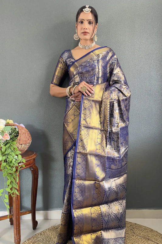 Blue Colour Zari Woven Ready To Wear Kanjivaram Silk Saree
