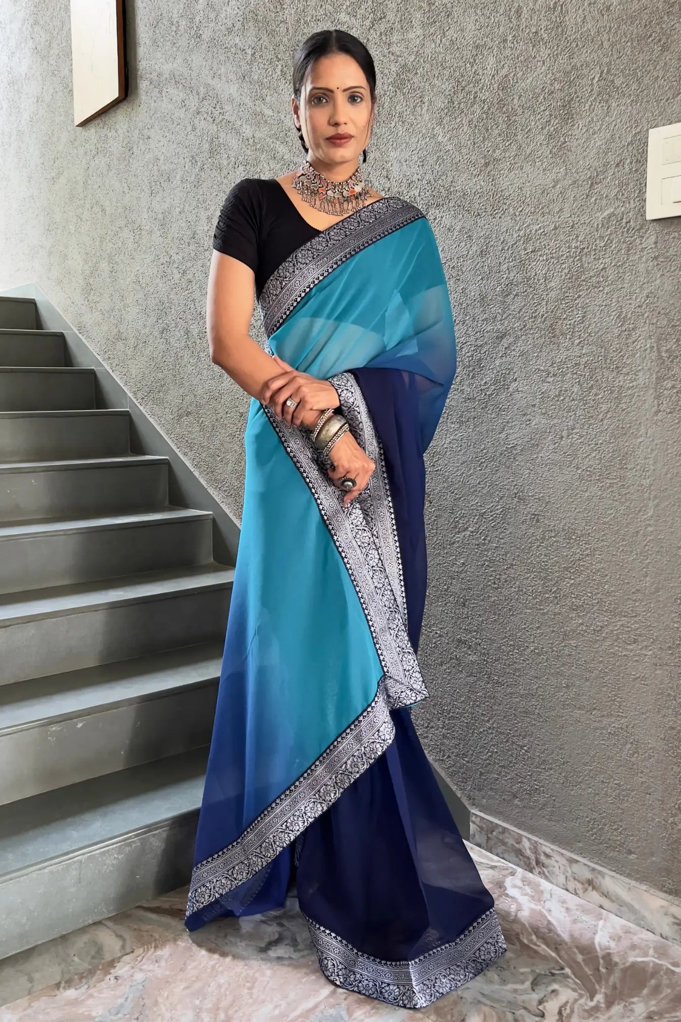 Blue Colour Georgette Silk Two Shaded Ready To Wear Saree