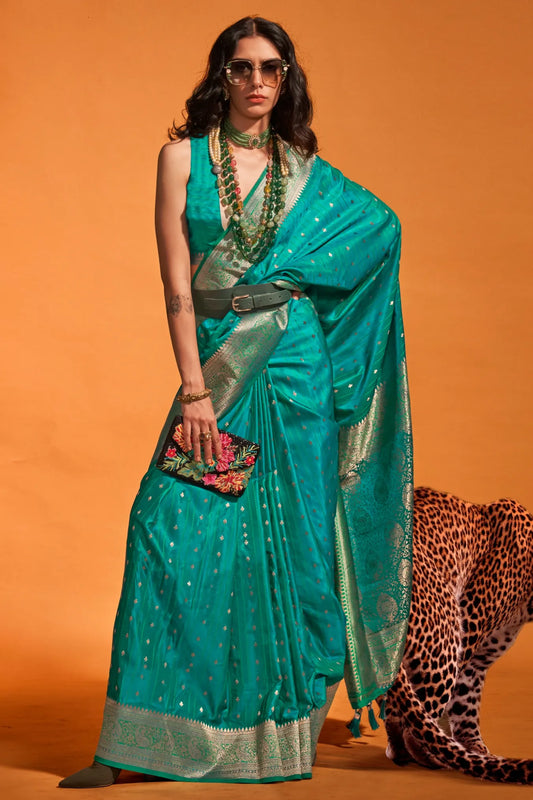 Bottle Green Colour Floral Weaving Satin Silk Saree