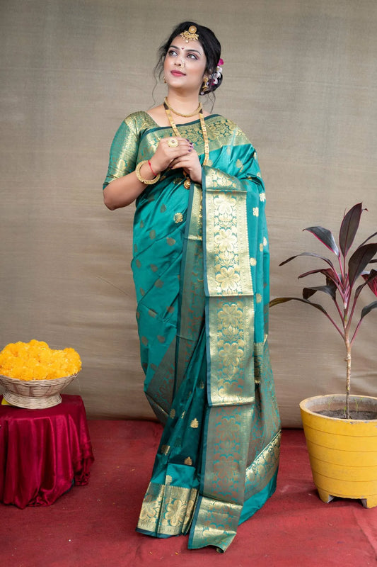 Bottle Green Colour Zari Weaving Banarasi Silk Saree