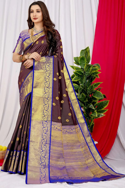 Brown Colour Banarasi Zari Woven Designer Silk Saree