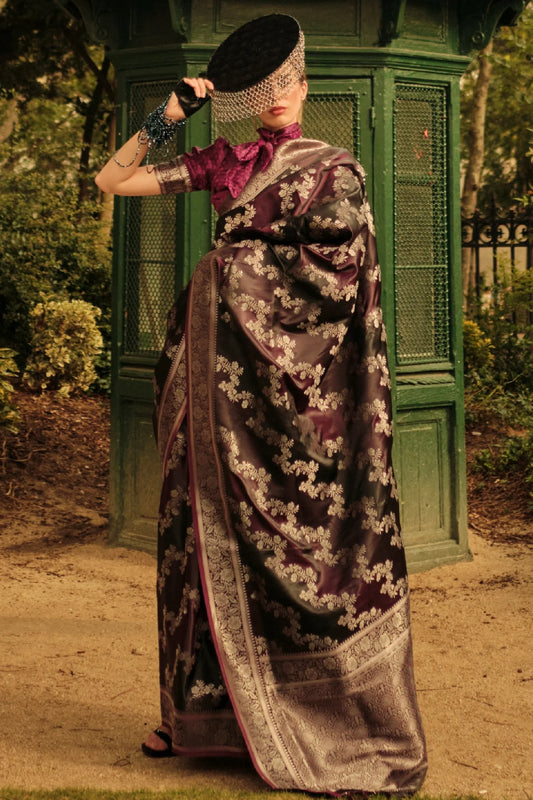 Brown Colour Satin Silk Handloom Saree