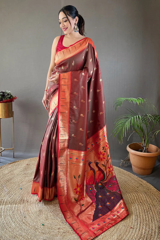Brown Colour Contrast Border Weaving Paithani Silk Saree