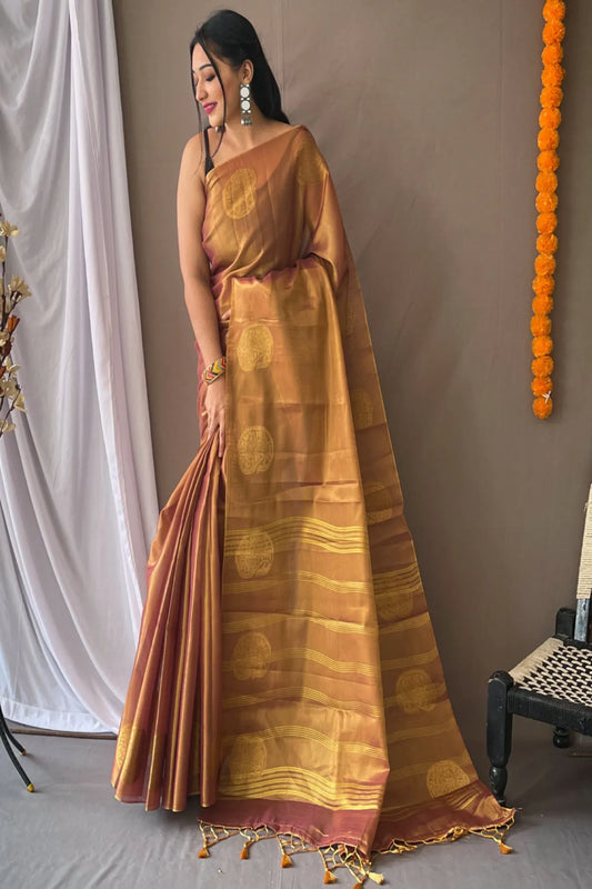 Brown Colour Copper Banarasi Tissue Silk Zari Woven Saree