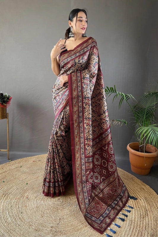 Brown Colour Digital Printed Kalamkari Silk Saree