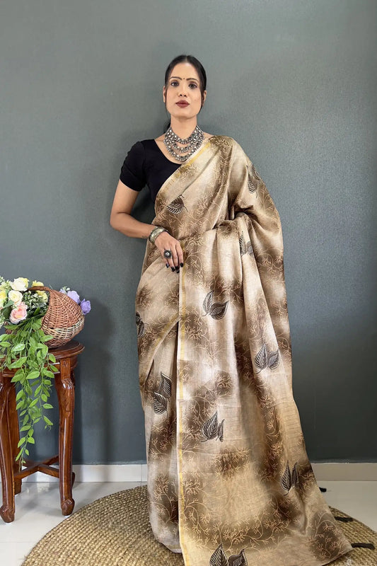 Brown Colour Digital Printed Ready To Wear Cotton Silk Saree
