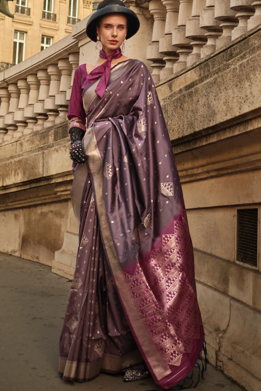 Brown Colour Ethnic Motifs Woven Design Zari Banarasi Silk Saree