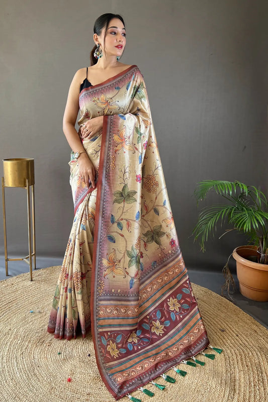 Brown Colour Kalamkari Digital Printed Silk Saree