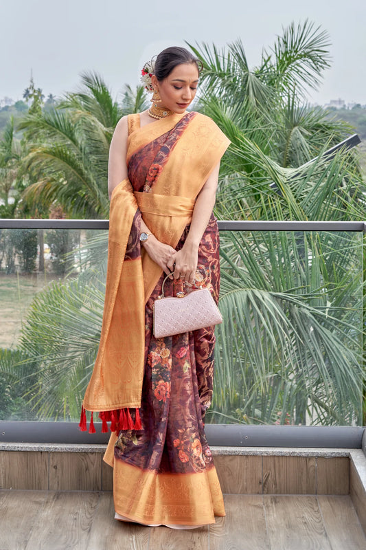 Brown Colour Silk Floral Printed Saree with Zari Woven