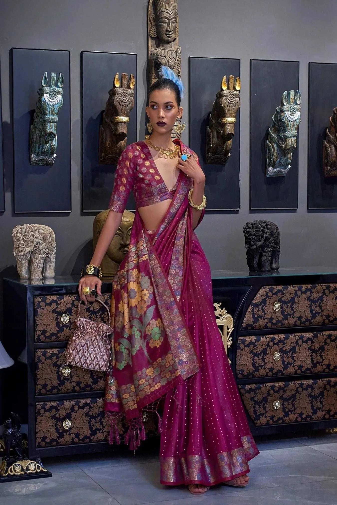 Brown Colour Zari Woven Bollywood Style Organza Silk Saree