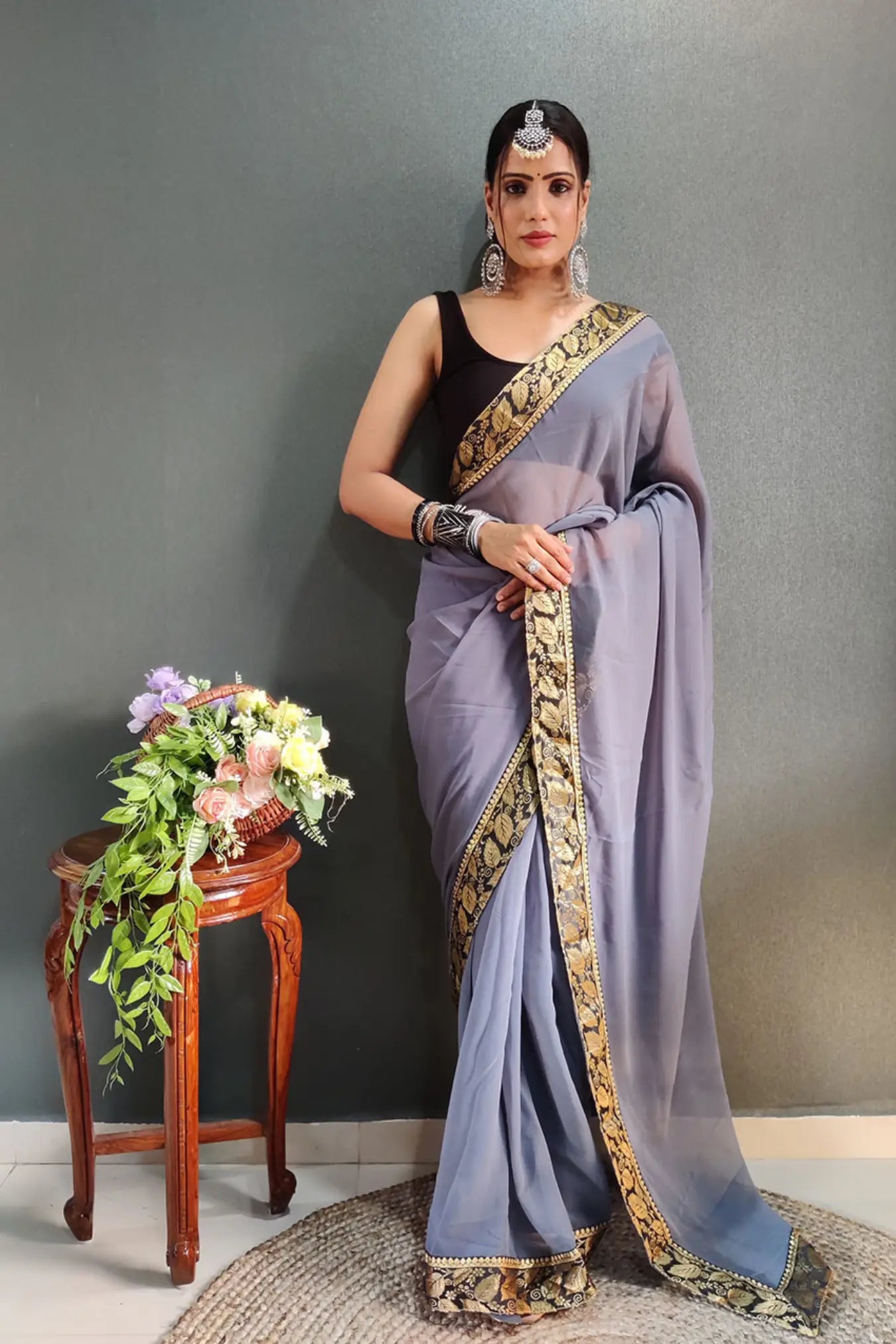 Charcoal Grey Colour Ready To Wear Two Colors Shaded Saree