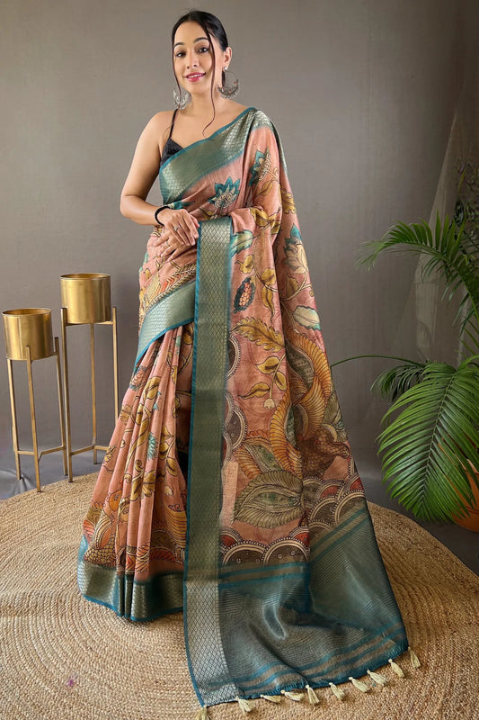 Chiku Colour Elegant Handpainted Kalamkari Silk Saree