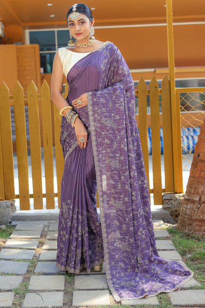 Classy Wedding Designer Purple Colour Handloom Silk Saree