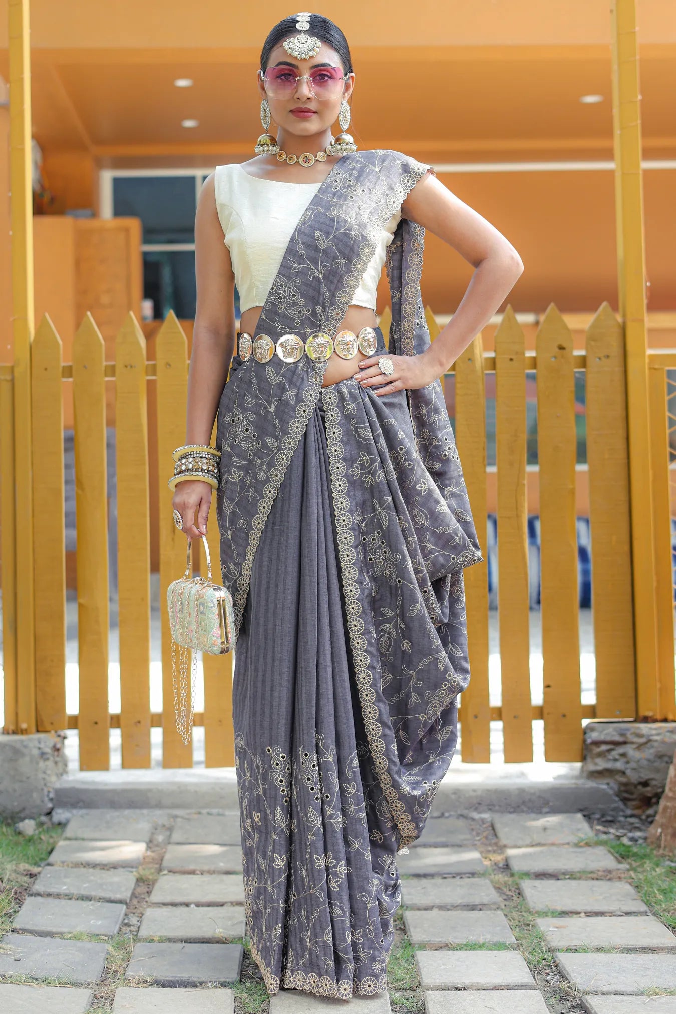 Classy Wedding Designer Grey Colour Handloom Silk Saree