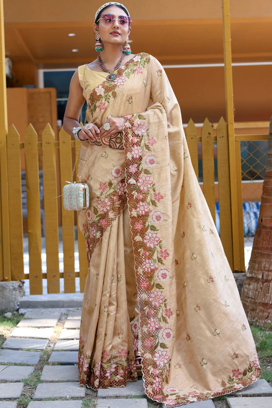 Cream Colour Designer Handloom Silk Saree