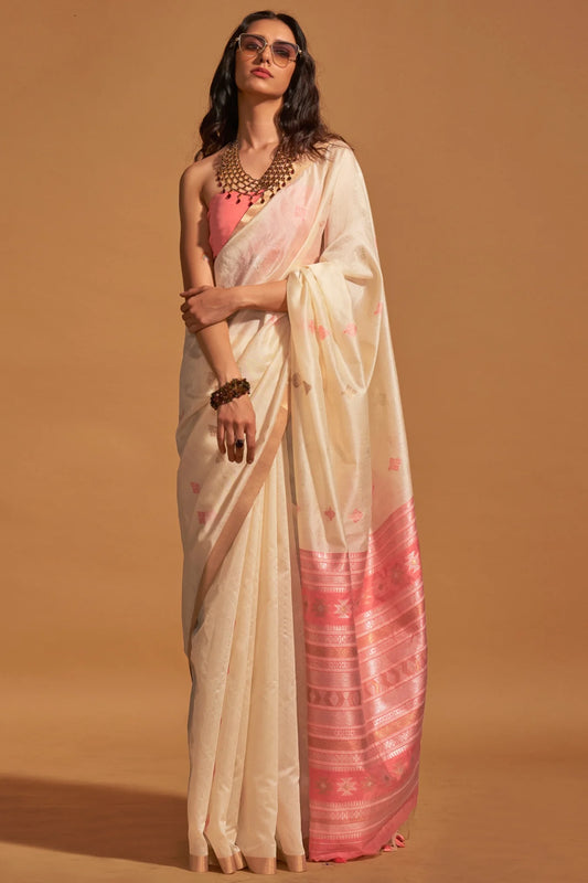 Cream Colour Handloom Woven Silk Saree