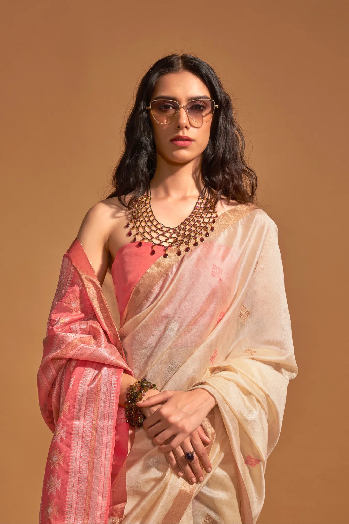 Cream Colour Handloom Woven Silk Saree