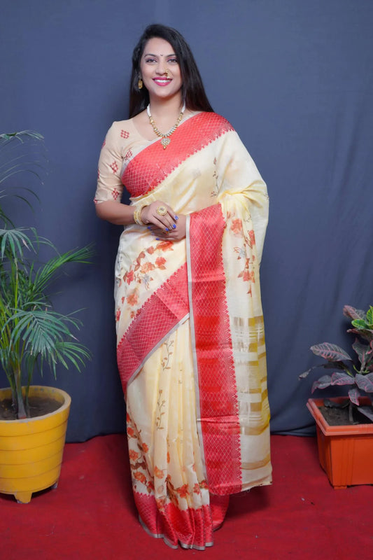 Cream Colour Indian Wear Linen Silk Saree