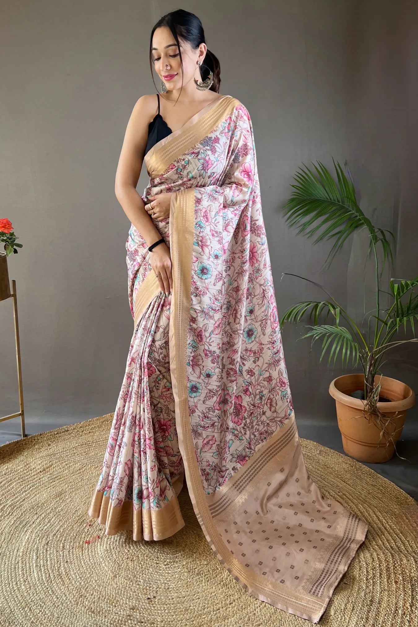 Cream Colour Floral Design Printed Silk Saree