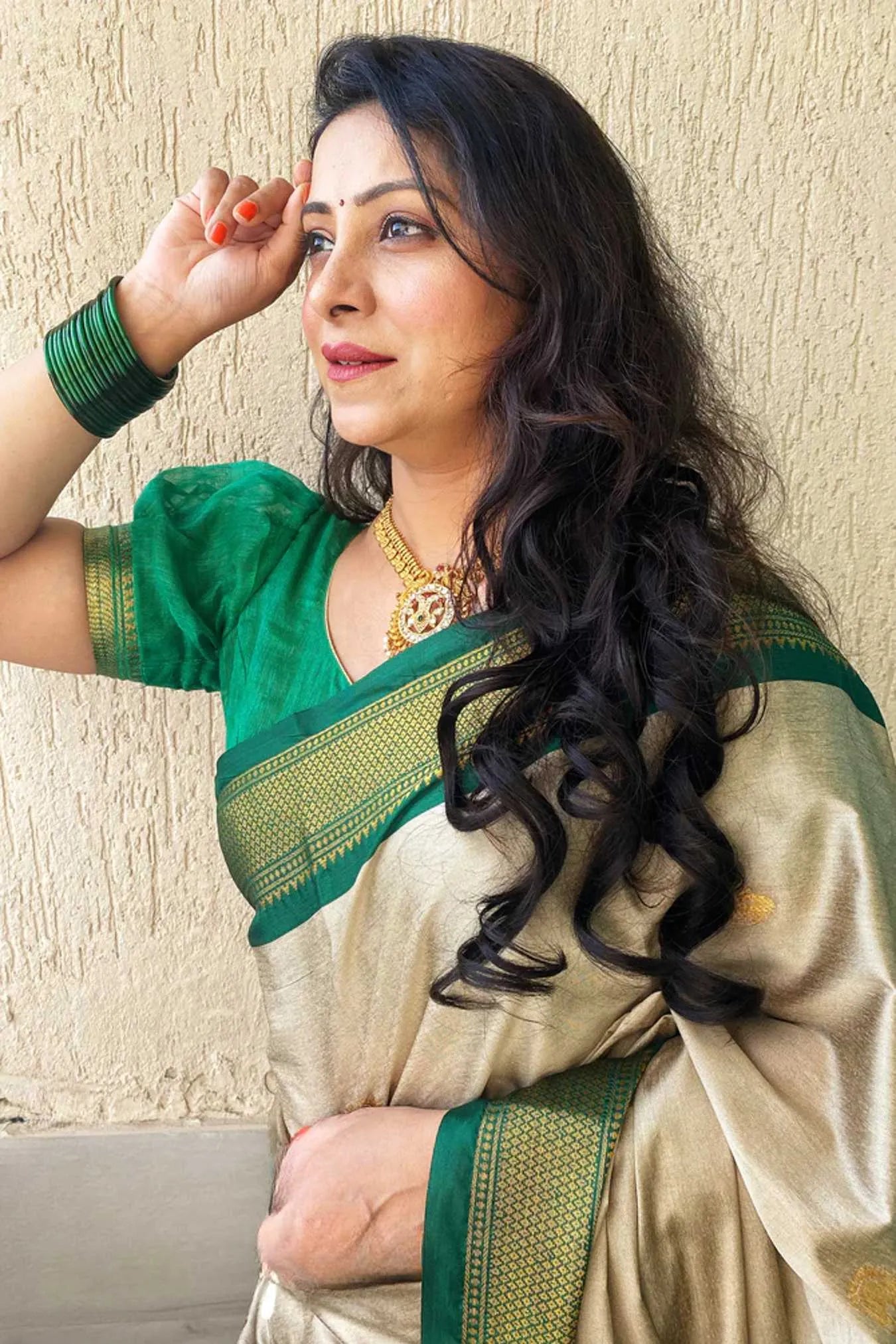 Cream Colour Kanjivaram Silk Saree with Green Contrast Border