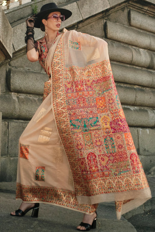 Cream Colour Kashmiri Weaving Handloom Silk Saree