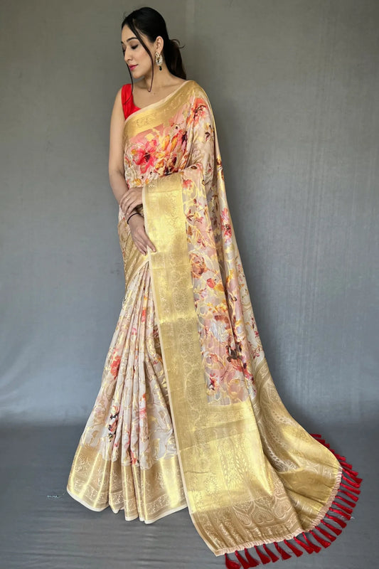 Cream Colour Woven Digital Printed Banarasi Silk Saree 