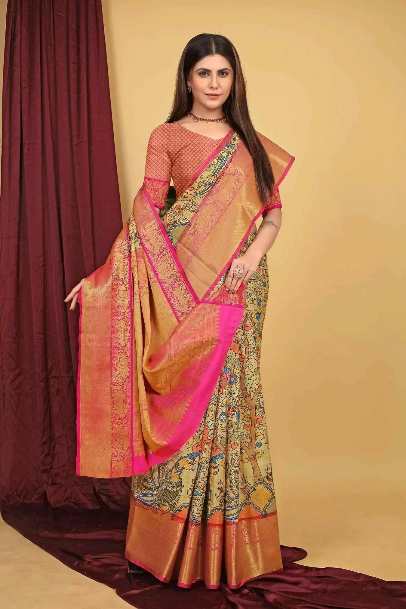 Cream Colour Zari Woven Kalamkari Kanjivaram Soft Silk Saree