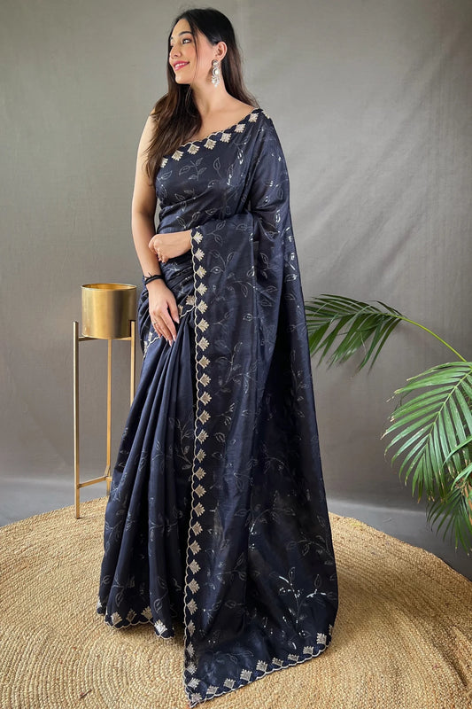 Dark Blue Colour Embroidery Design Handloom Silk Saree