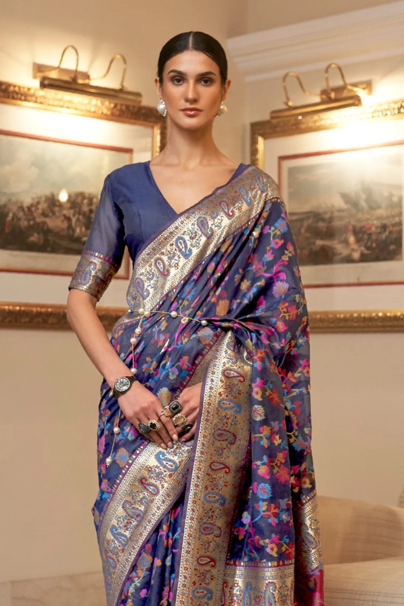 Dark Blue Colour Rich Pallu Woven Kashmiri Silk Saree