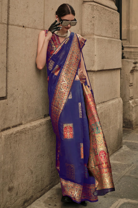 Dark Blue Colour Pashmina Handloom Weaving Silk Saree