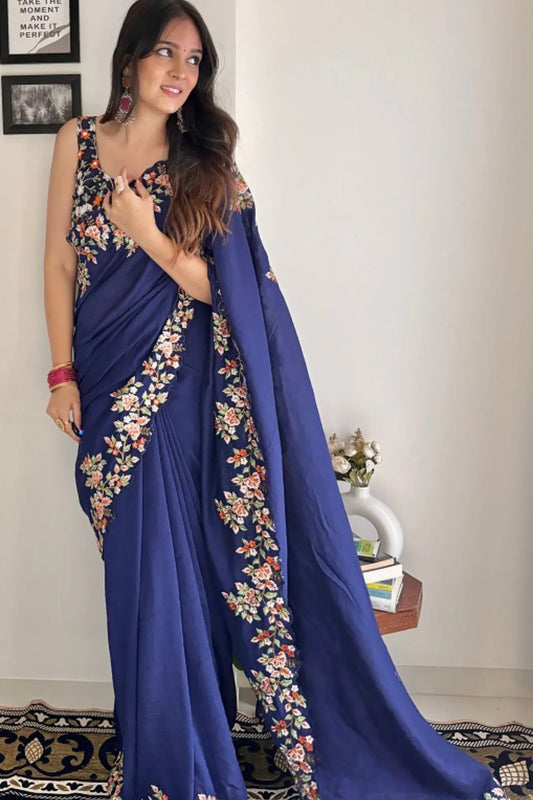 Dark Blue Colour Vichitra Pallu Sequence Embroidery Woven Saree