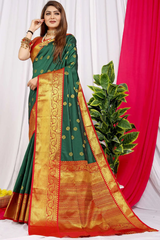 Dark Green Colour Banarasi Zari Woven Designer Silk Saree