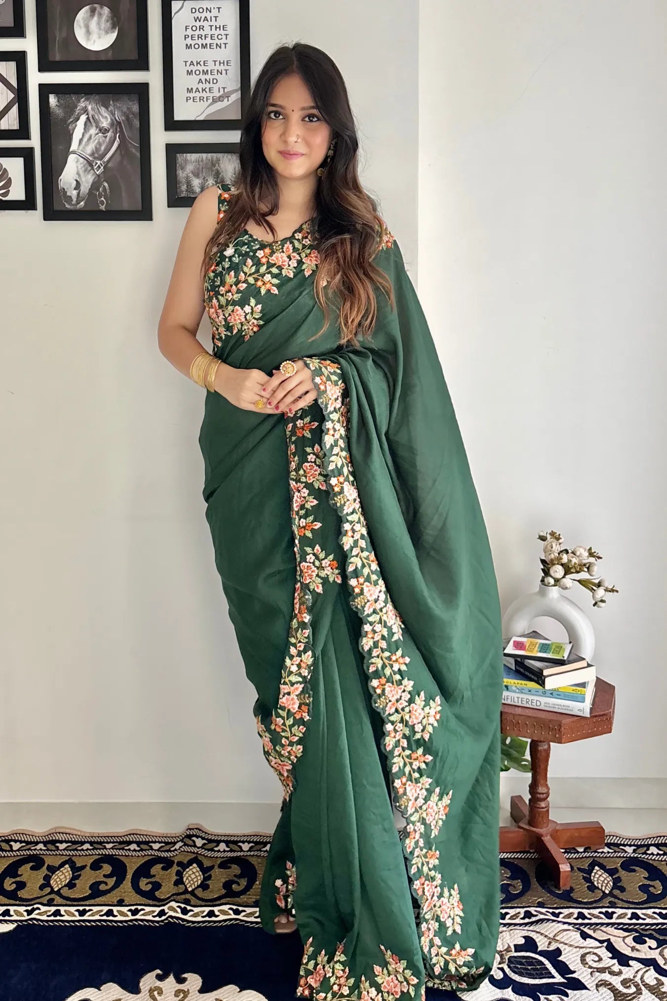 Dark Green Colour Vichitra Pallu Embroidery Multi-Thread Sequence Woven Silk Saree