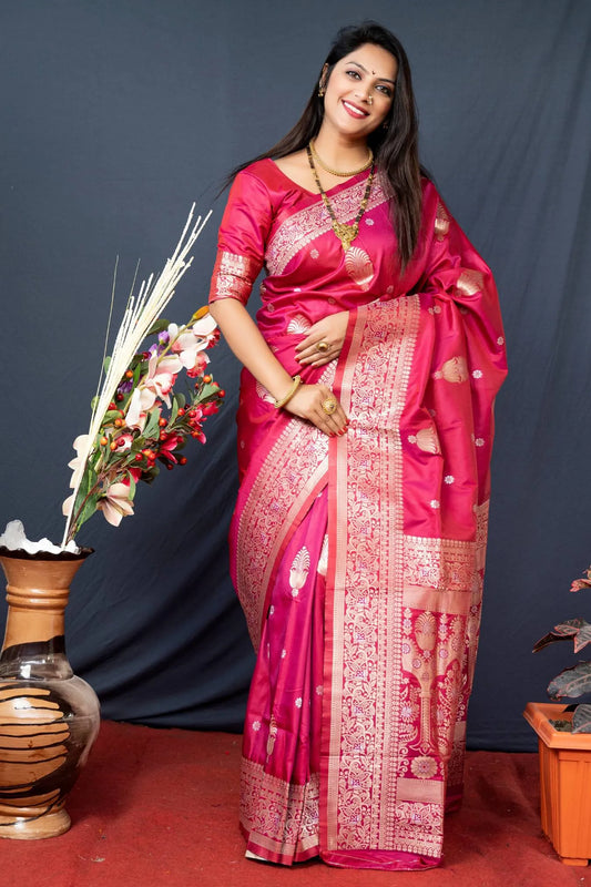 Dark Pink Colour Function Wear Banarasi Silk Saree
