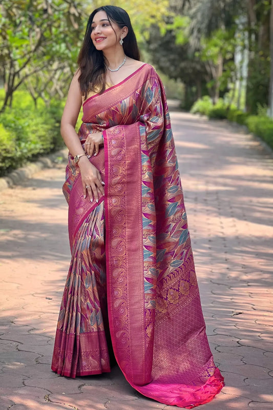 Dark Pink Colour Leaf Floral Designer Kanjivaram Silk Saree