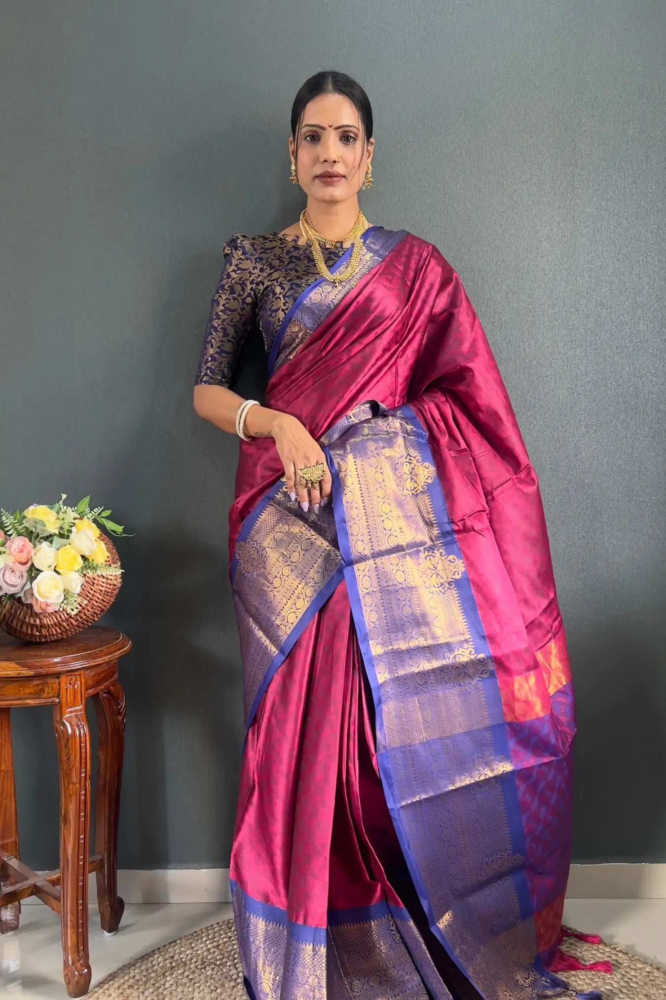 Dark Pink Colour Jacquard Woven Cotton Silk Saree