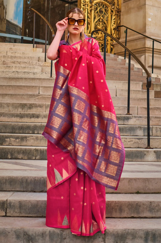 Dark Pink Colour Zari Weaving Handloom Silk Saree