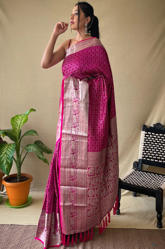 Dark Pink Colour Zari Weaving Soft Silk Saree
