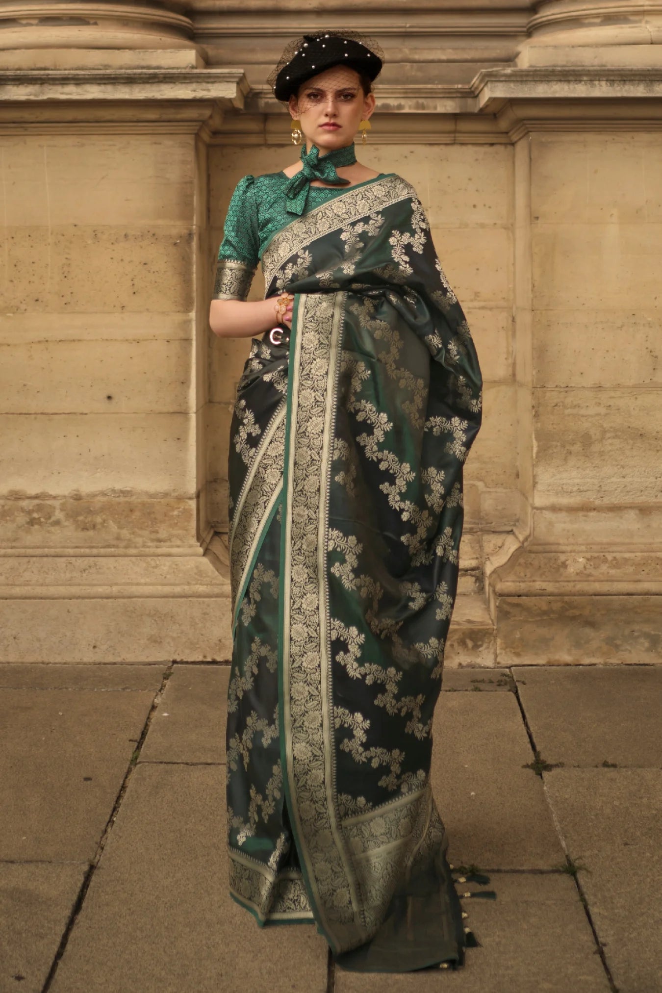 Dark Green Colour Handloom Woven Satin Silk Saree