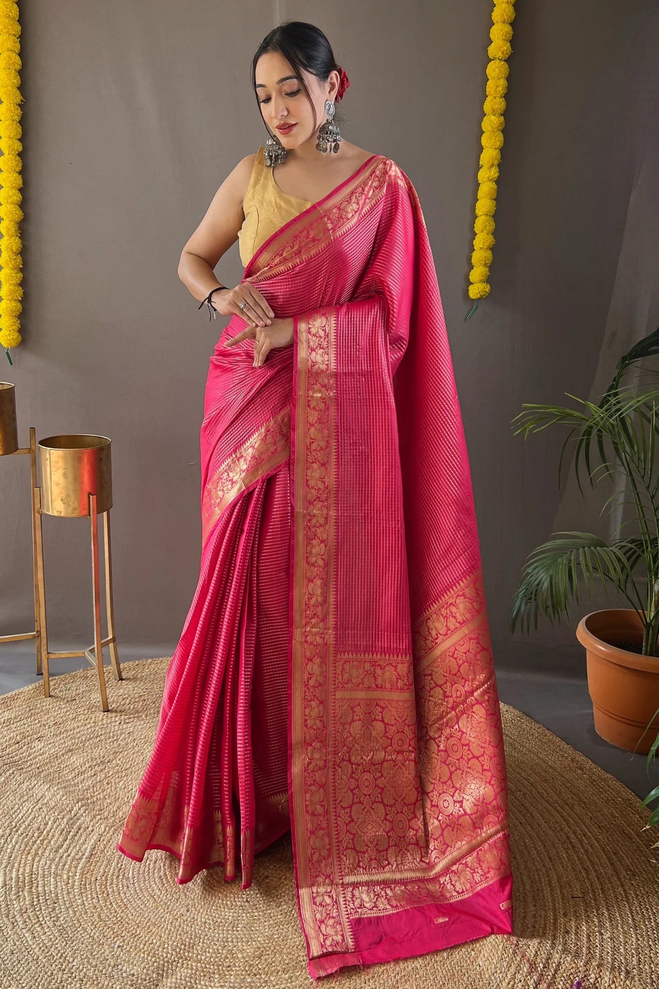 Dark Pink Colour Lucknowi Cotton Silk Saree