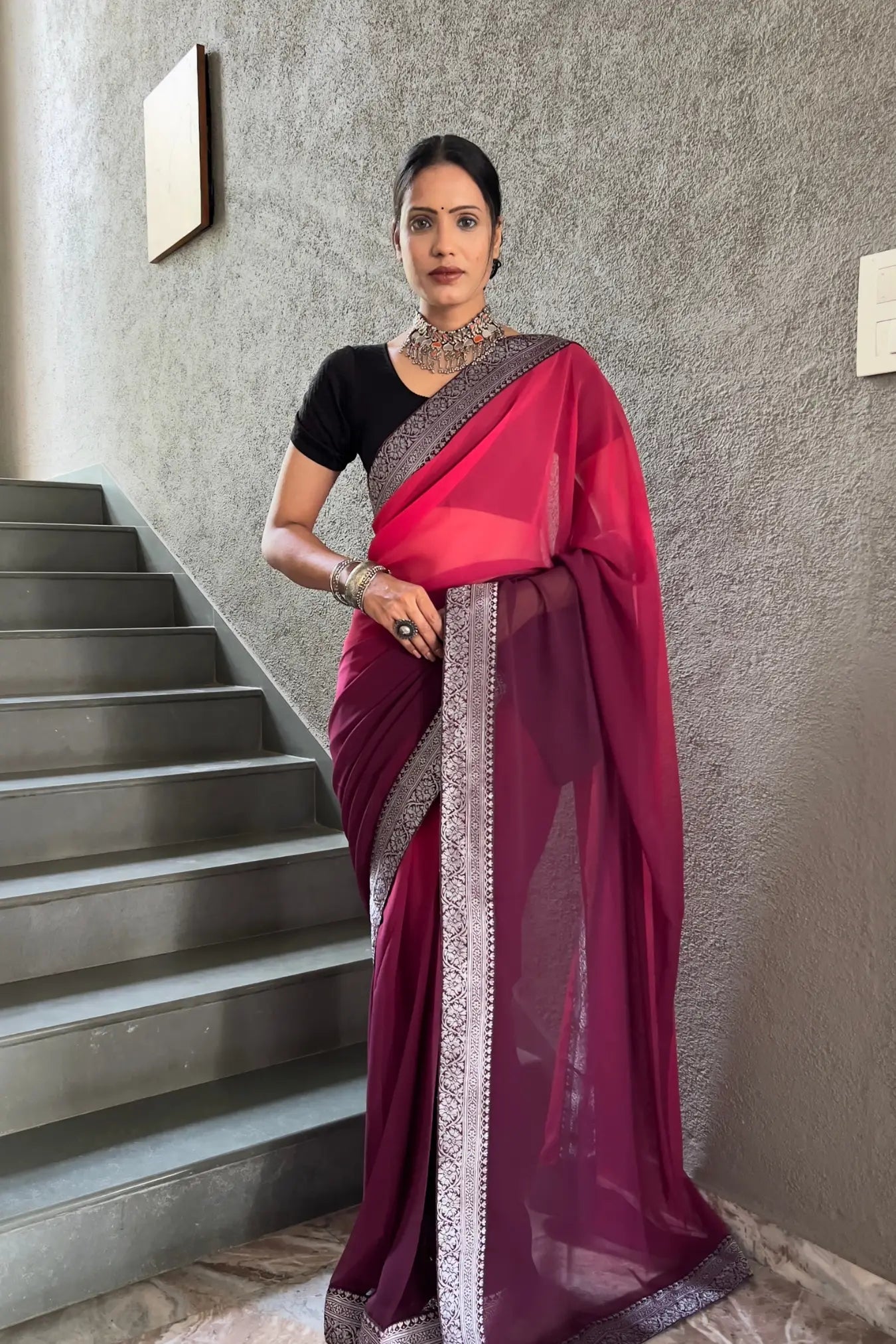 Dark Pink Colour Georgette Silk Two Shaded Ready To Wear Saree