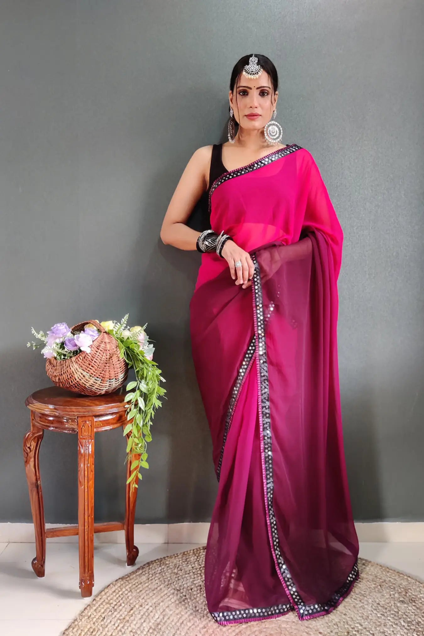 Dark Pink Colour Ready To Wear Two Colors Shaded Silk Saree