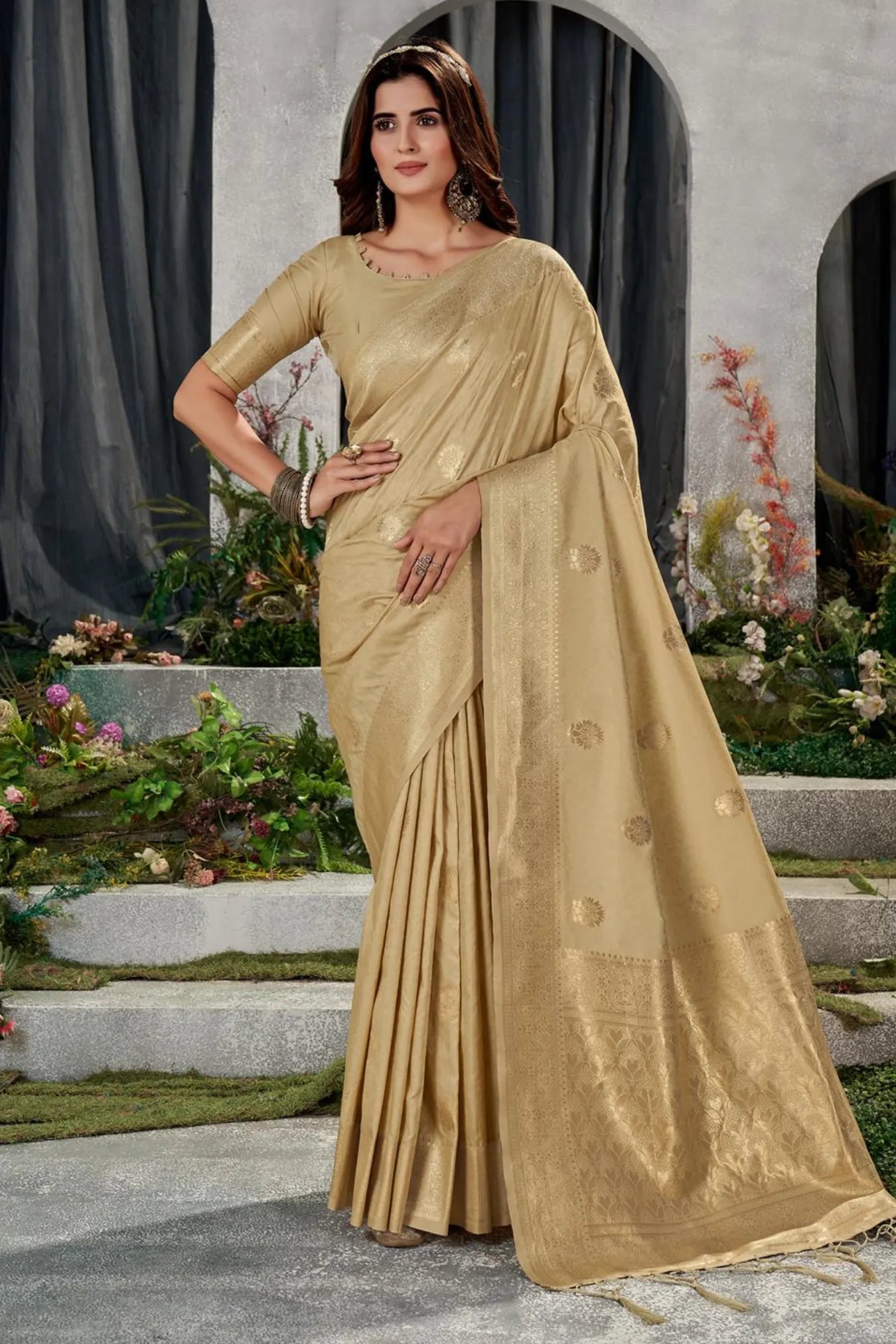 Gold Colour Floral Design Kanjivaram Silk Saree