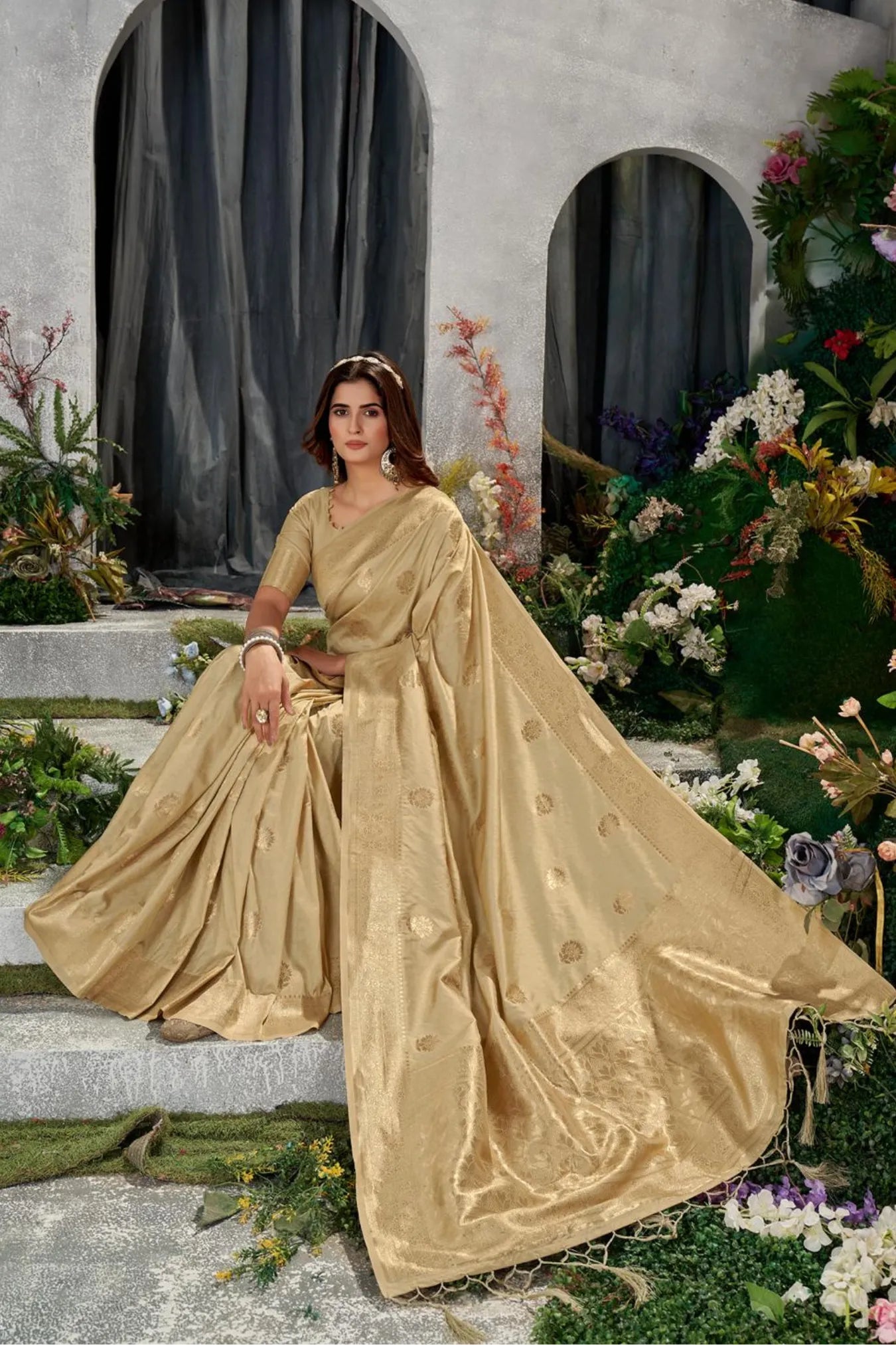 Gold Colour Floral Design Kanjivaram Silk Saree