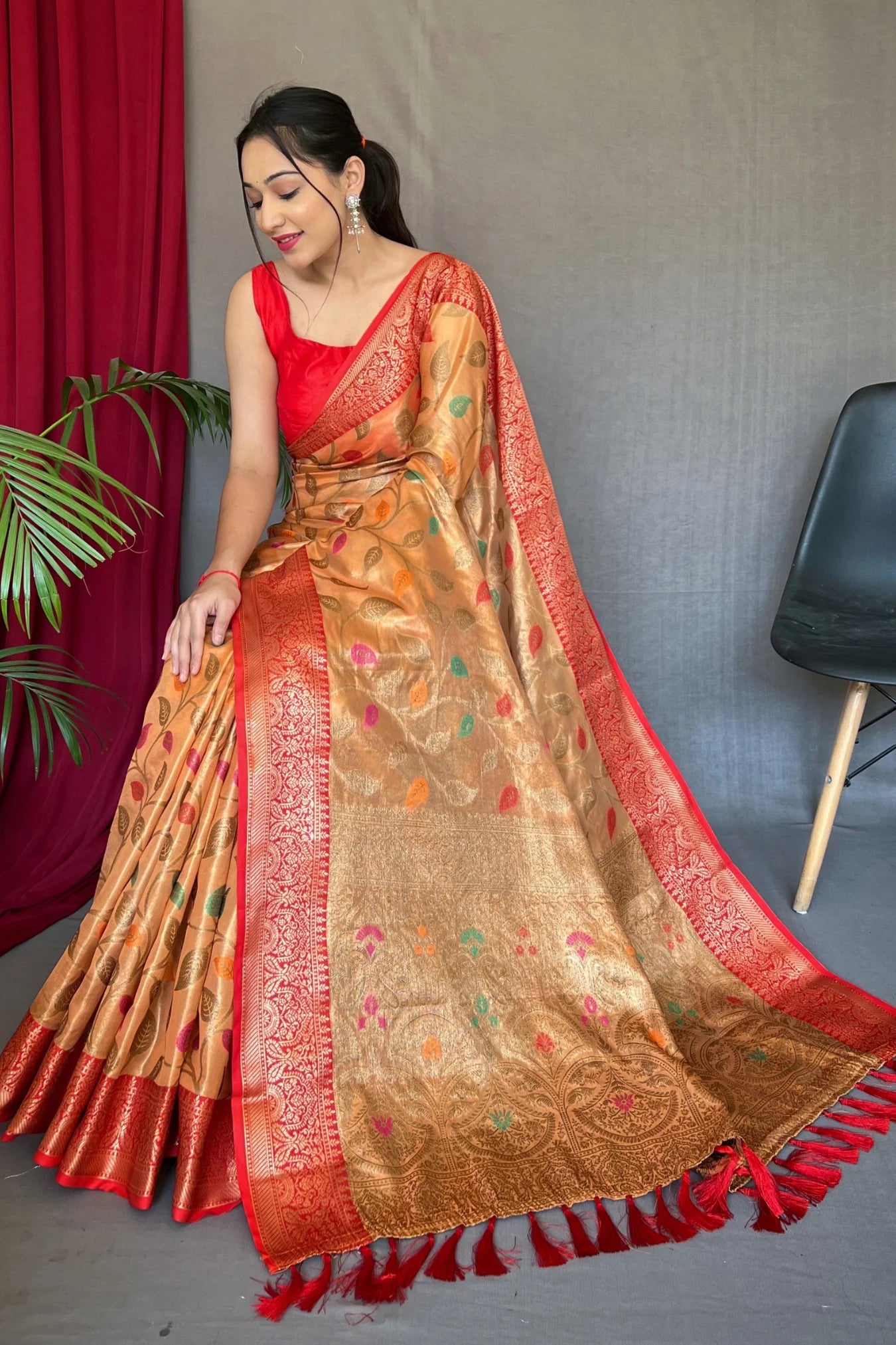 Gold Colour Meenakari Woven Kanjivaram Tissue Silk Saree