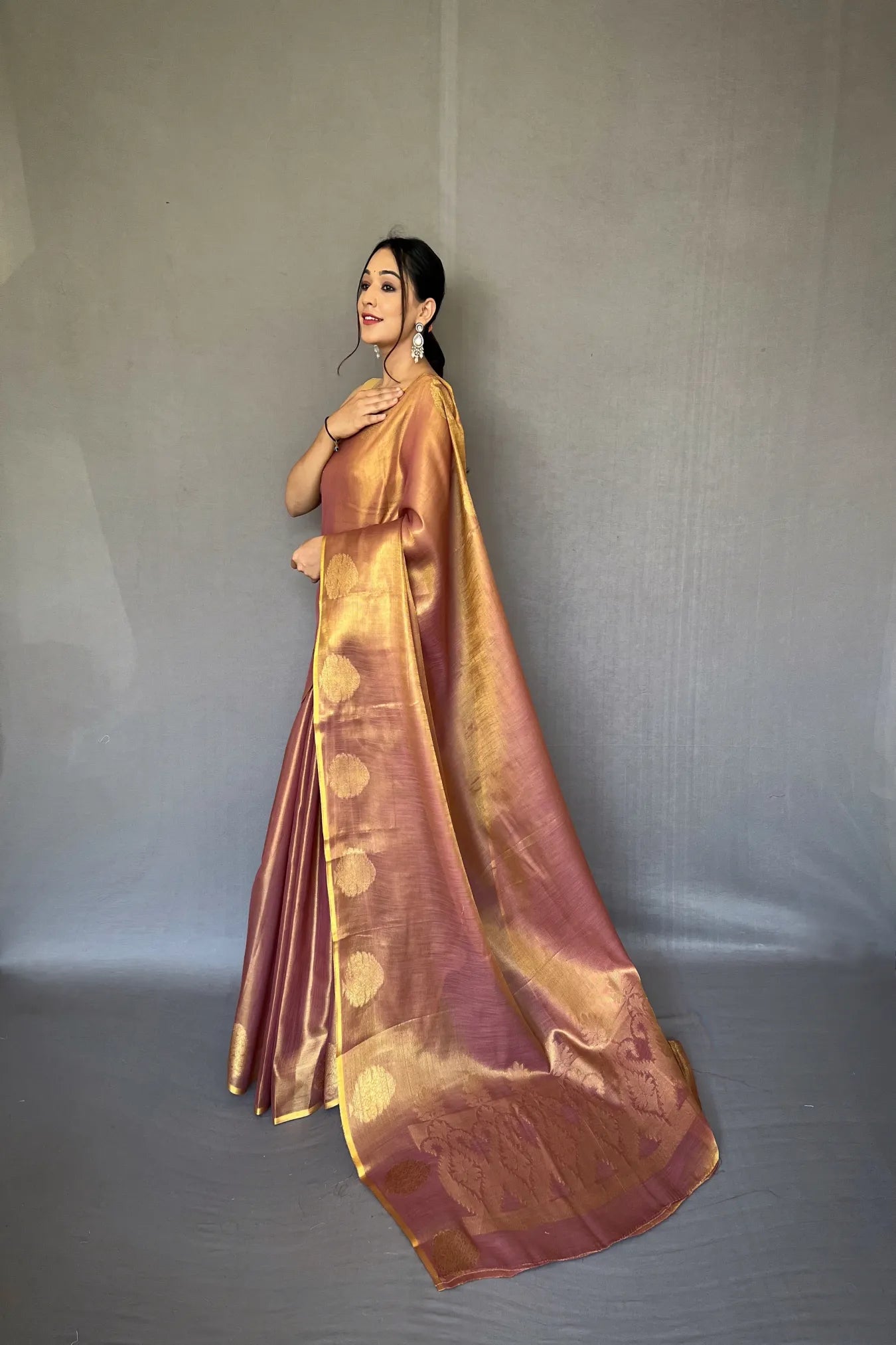 Gold Colour Zari Weaving Organza Tissue Silk Saree